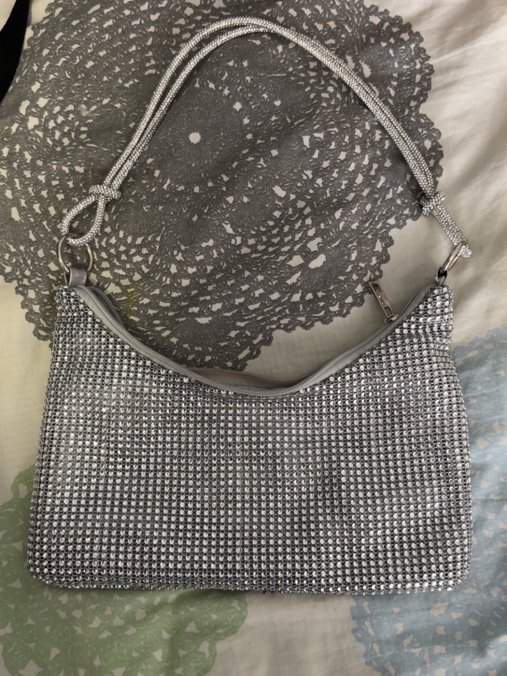 Silver Crystal-Embellished Evening Shoulder Bag